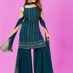 PARROT CREATION Floral Embroidered Sequinned Georgette Kurti With Sharara And Dupatta-18