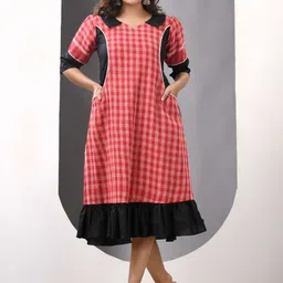 Charukriti Checked Cotton A-line Ethnic Dress-image-38