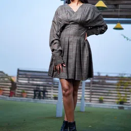 Shades of Sabi Checked Fit & Flare Dress-image-98