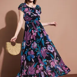 Raiyani Enterprise Georgette Floral Printed Puff Sleeves Fit and Flare Maxi Dress-picture-18