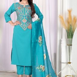 Shriji fashion Floral Yoke Design Notch Neck Zari Straight Kurta With Trousers And Dupatta-15