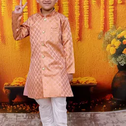 BownBee Boys Front Open Full Sleeve Self Design Sherwani with Pajama Set-1
