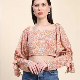 Rujave Floral Printed Square Neck Puffed Sleeves Cotton Crop Top-picture-45