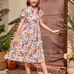 YK Girls Floral Print Fit & Flare Midi Dress-image-93