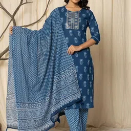 Aralia Women Floral Printed Cotton Kurta with Trousers & Dupatta-24