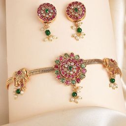 KARATCART Gold Plated Stone Studded Red and Green Floral Design Choker Jewellery Set-image-16
