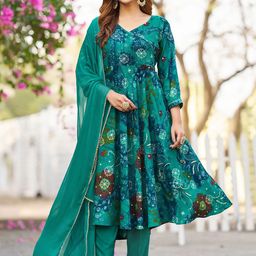 VIBE VISION Floral Printed V Neck Anarkali Style Kurta With Trousers & Dupatta-picture-16