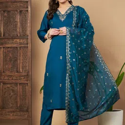 Moda Rapido Floral Embroidered V Neck Chanderi Silk Kurta With Trousers & Dupatta-image-89