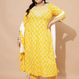 Vbuyz Yellow Floral Printed Round Neck Regular Thread Work Kurta With Trouser With Dupatta-27
