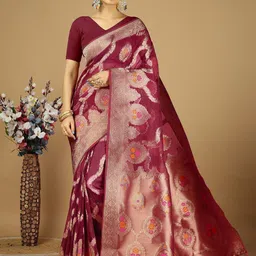 KAYOMMI Ethnic Motifs Woven Design Organza Banarasi Saree-15