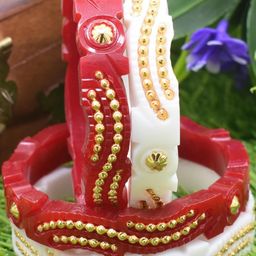 SATTIK Pack of 4 Plastic Red & White With Gold-plated Shakha Pola Bangles-image-92