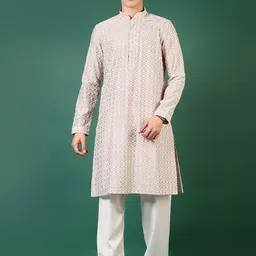 V-Mart Floral Embroidered Mandarin Collar Thread Work Straight Kurta With Pyjama-53