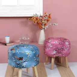 Shadowkart Set Of 2 Blue & Pink Printed Sitting Mudda Puffy Stool Dinning Chair Ottomans-11