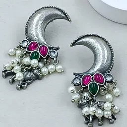 BLACKBOX Artificial Stone Studded Oxidised Cresent Moon Shaped Drop Earring-4