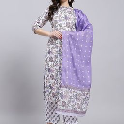 THE FAB FACTORY Floral Printed Band Collar Straight Kurta With Trousers & Dupatta-18