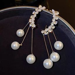 VAGHBHATT Korean Gold-Plated Artificial Stones Studded & Pearls Beaded Tasselled Ear Cuff image 3