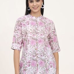 Divena Women Floral Print Mandarin Collar Roll-Up Sleeves Cotton Top-image-20