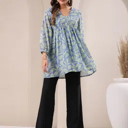 Janasya Women Light Blue Georgette Tropical Printed A-Line Short Kurti-picture-45