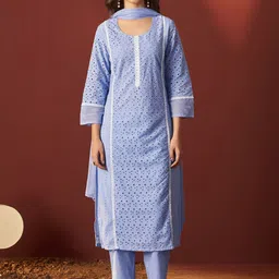 DRESOUL Women Embroidered Sky Blue Pure Cotton Schiffly Kurta Set With Dupatta-picture-11