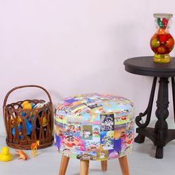 Shadowkart Blue & Red Graphic Printed Wooden Round Shaped Ottomans-12