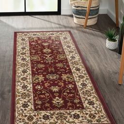 OBSESSIONS Beige & Maroon Rectangular Antistatic Non Slip Bedside Floor Runner-10