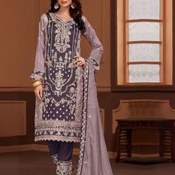 ODETTE Women Purple Silk Blend Embroidered Semi-Stitched Dress Material-image-40