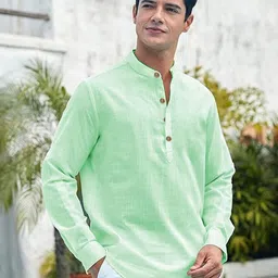 APEKTRA Band Collar Roll-Up Sleeves Slim Fit Short Kurta-image-9