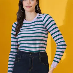 98 Degree North Striped Round Neck Cotton Pullover Sweater-picture-27