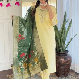 KALINI Women Floral Embroidered Cotton Kurta with Trousers & With Dupatta-picture-23