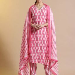 Anouk Floral Printed Thread Work Pure Cotton Straight Kurta with Trousers & Dupatta-picture-15