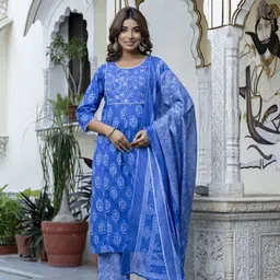 Kohsh Women Ethnic Motifs Printed Mirror Work Pure Cotton Kurta with Trousers & With Dupatta-picture-19
