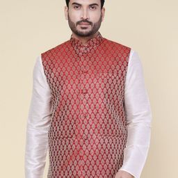 W & G Woven Design Mandarin Collar Nehru Jacket-image-67