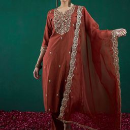 Indo Era Women Floral Embroidered Kurta with Trouser & Dupatta-image-57