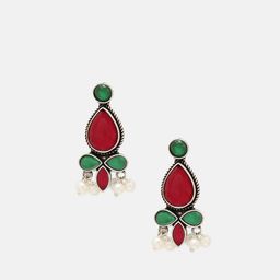 Priyaasi Silver Plated Faux Ruby Stone Studded & Beaded Oxidized Drop Earrings image 3