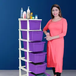 Parasnath Boxo Purple & White 6 Layer Modular Drawer Storage Organisers With Wheels-12