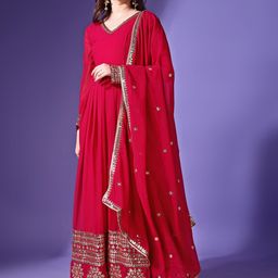 KALINI Embroidered V-Neck Sequined Anarkali Kurta With Trousers & Dupatta-29