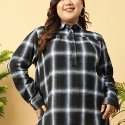 Oxolloxo Women Plus Size Checked Collared Button-Down Cotton Shirt-8