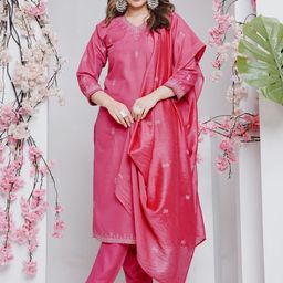 ARADHNA Women Embroidered Regular Sequinned Kurta with Trousers & With Dupatta-picture-9