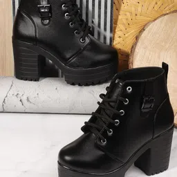 Kliev Paris Women Round Toe Block Heel Lace Up Chunky Boots-image-77