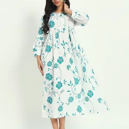KALINI Women Cotton Floral Printed Round Neck Fit & Flared Ethnic Dresses-image-26