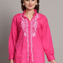 The Chikan Label Floral Embroidered Shirt Collar Pure Cotton A-Line Kurti-picture-8