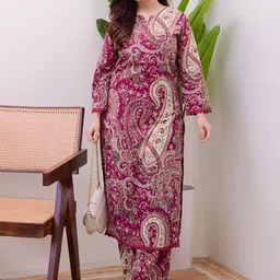 KALINI Paisley Printed Notch Neck Straight Kurta With Palazzos-image-51