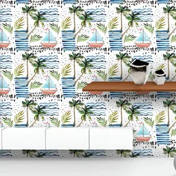 ArtzFolio Printed UV-Resistant Anti-Bacterial Abstract Summer Sailboat, Leaves Peel & Stick Wallpaper-image-17