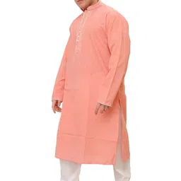 Exotic India Mandarin Collar Thread Work Pure Cotton Straight Kurta With Trouser-image-33