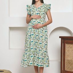 Frempy Floral Printed Pure Cotton Maternity Fit & Flare Midi Dress-picture-35