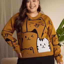 Berrylush Curve Women Graphic Printed Round Neck Long Sleeves Pullover Sweater-image-97
