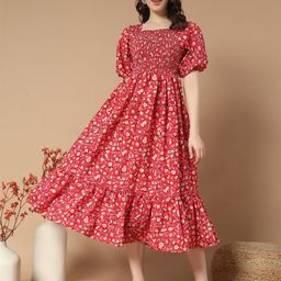 Raiyani Enterprise Women Floral Printed Smocked Detail Fit & Flare Dress-image-93