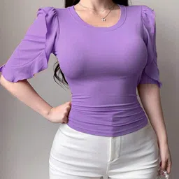 Istyle Can Women Ribbed Round Neck Puff Sleeve Fitted Top-image-95
