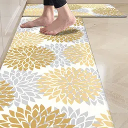 HomeCloud Set Of 2 Yellow & White Printed Rectangular Anti-Skid Kitchen Mats-12