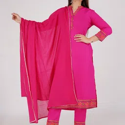 rf clothes Ethnic Motifs Printed Mandarin Collar Straight Kurta With Trousers & Dupatta-image-29